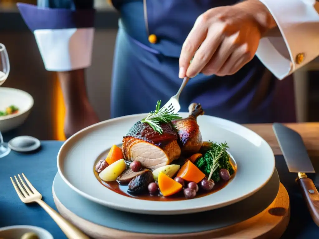 Un chef adorna con elegancia un exquisito plato de coq au vin en la cocina de un bistró francés en Estrasburgo