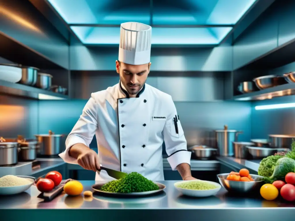 Un chef francés innova con elegancia en un laboratorio culinario moderno