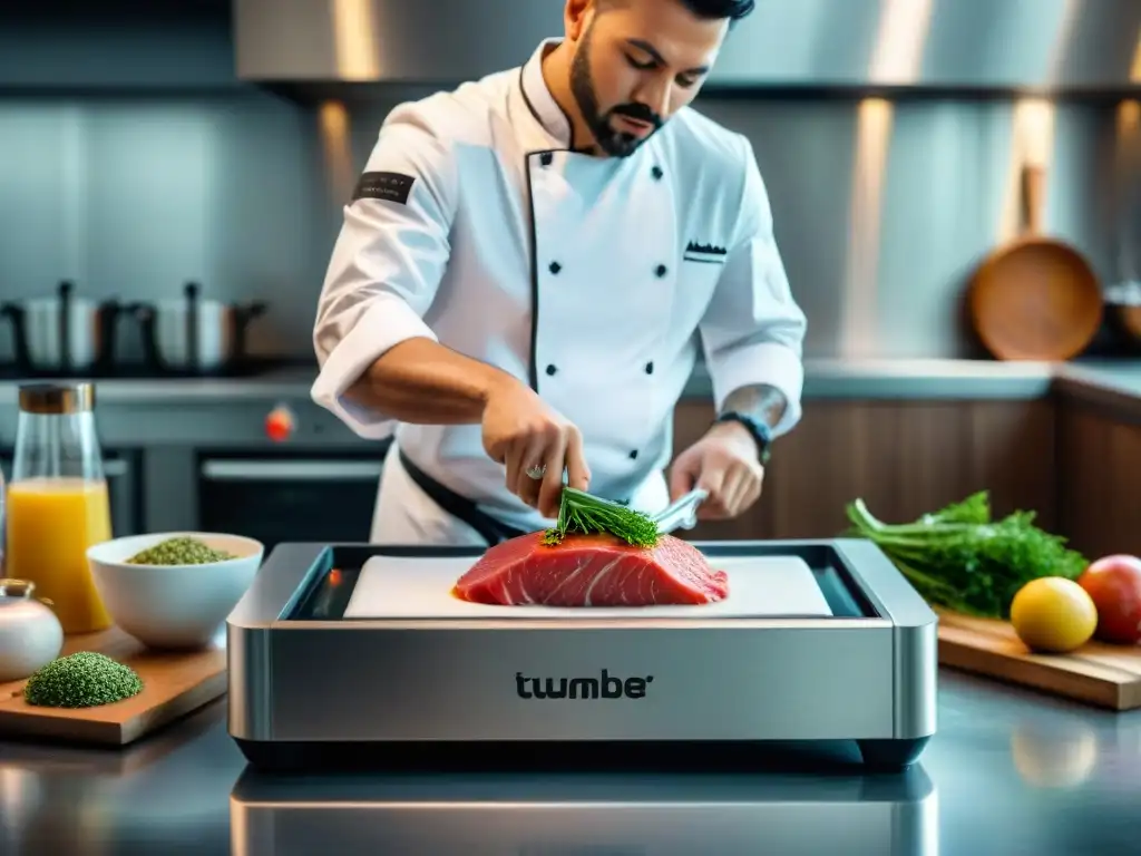 Un chef preparando con precisión y elegancia un platillo al vacío para ocasiones especiales en una cocina profesional