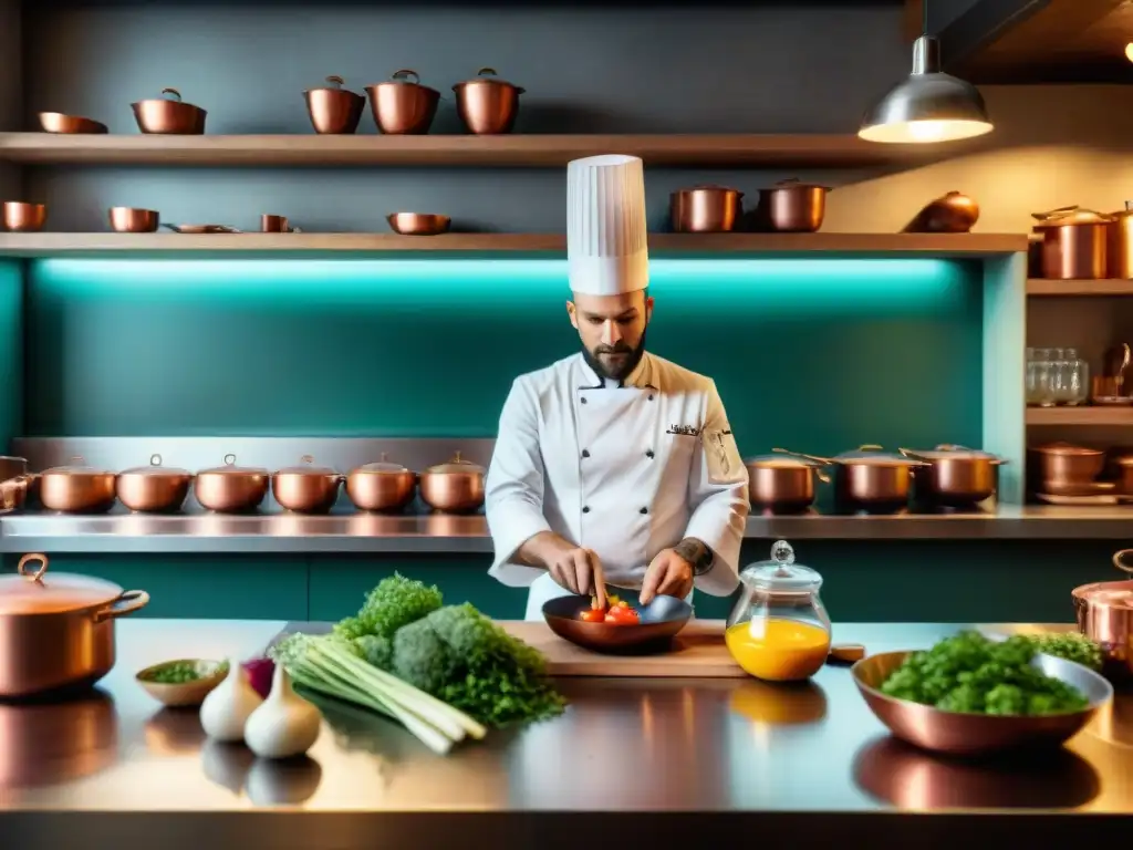 Un chef francés prepara con elegancia un plato vegetariano en una cocina parisina llena de color y vida