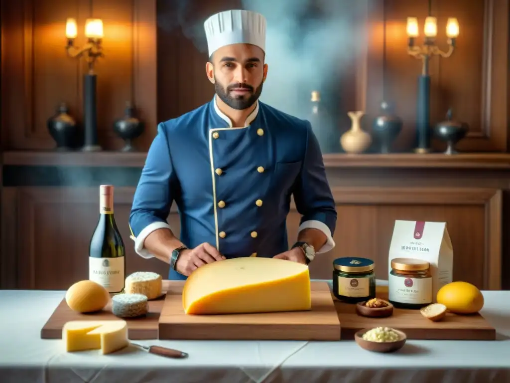 Chef francés desempaquetando con elegancia productos gourmet franceses