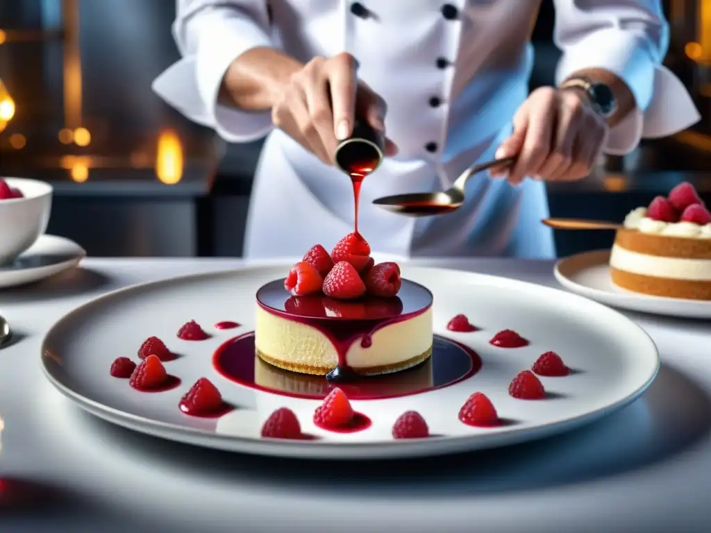 Un chef francés mezcla con elegancia sabores en un postre, reflejando la precisión y la elegancia del ballet en la cocina francesa