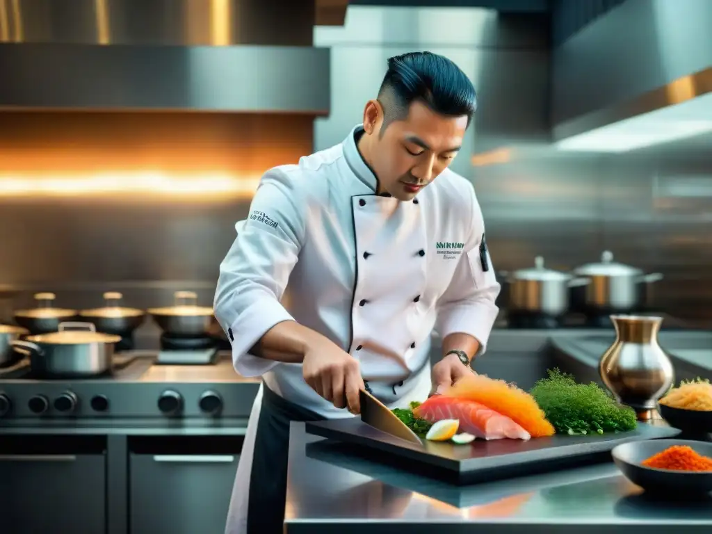 Un chef elegante fusiona sabores asiáticos y técnicas francesas en una cocina de alta gama