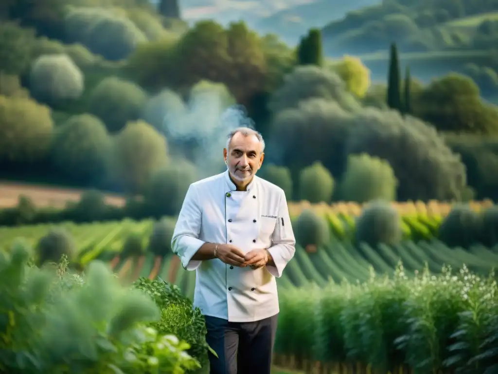 Chef Marc Veyrat en su elemento, forrajeando hierbas silvestres en un paisaje francés pintoresco