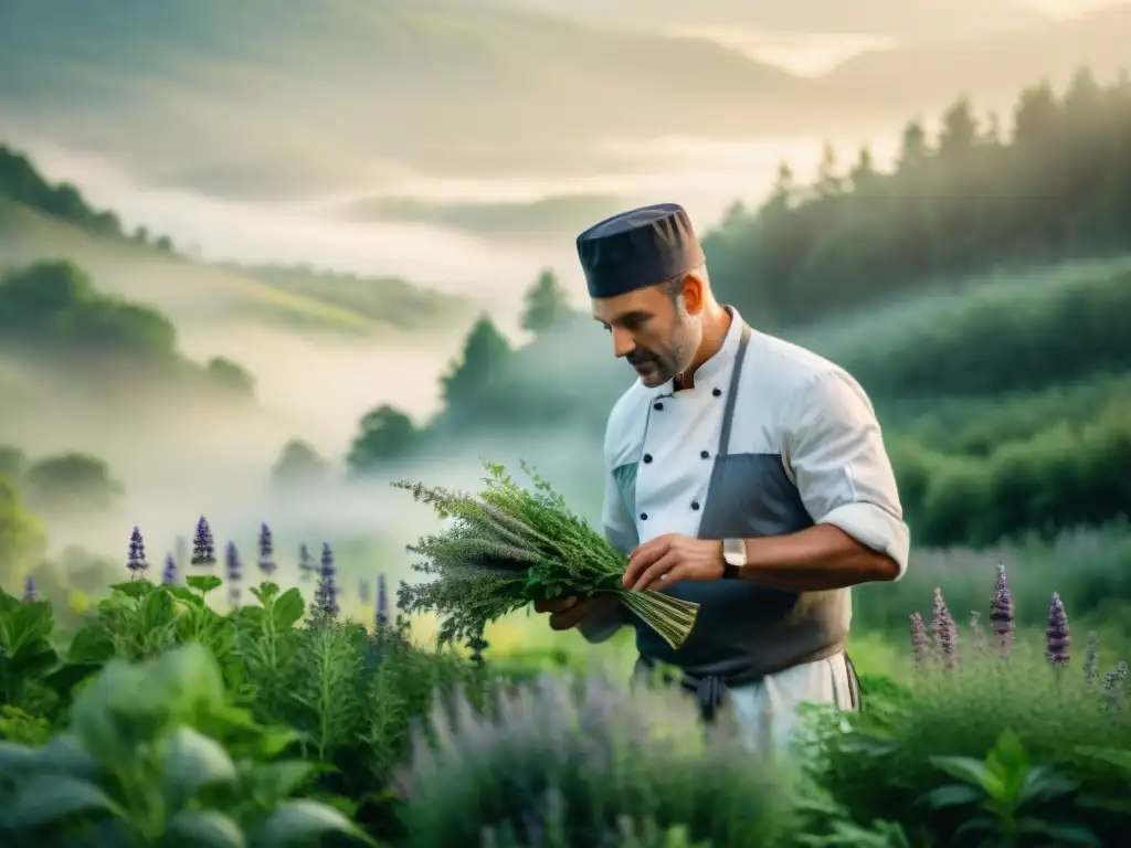 Chef Marc Veyrat en su elemento, seleccionando hierbas silvestres para sus platos de cocina francesa, rodeado de naturaleza exuberante y vibrante