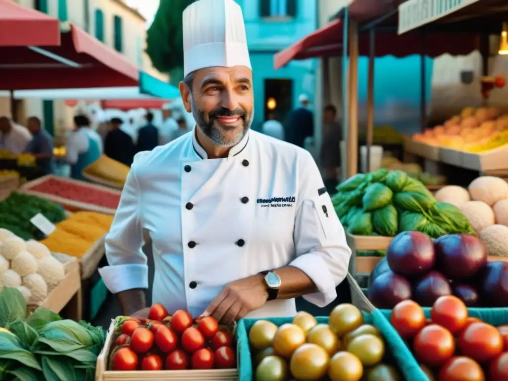 Chef Gérald Passedat en su elemento, explorando vibrantes mercados de Provence, Francia, inspirado en la cocina mediterránea francesa innovadora