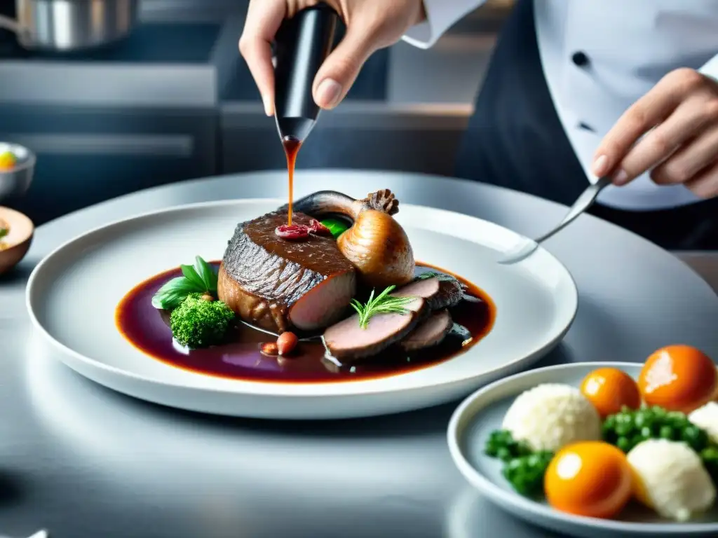 Un chef francés de élite preparando un Coq au Vin con un toque moderno usando tecnología AI en una cocina de vanguardia