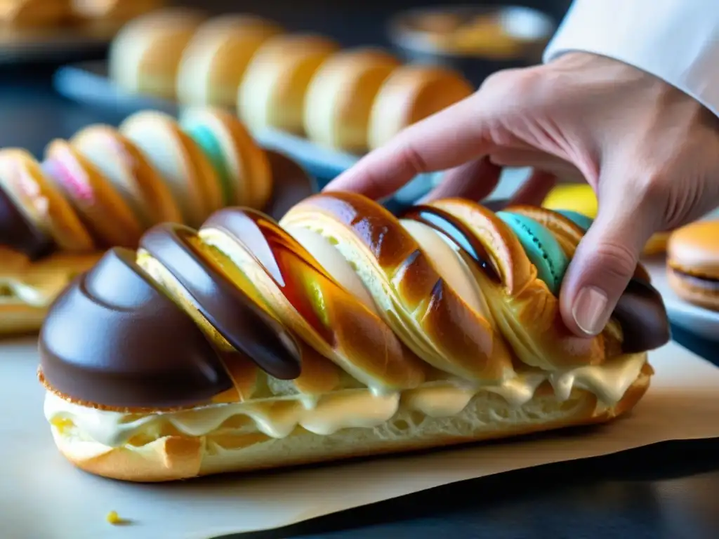 Un chef de pastelería francés embajador de la gastronomía, decorando un exquisito éclair en una pastelería parisina bulliciosa