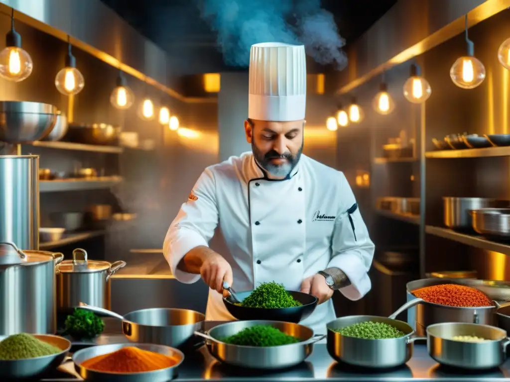 Un chef francés enérgico preparando platos exquisitos en una bulliciosa cocina parisina