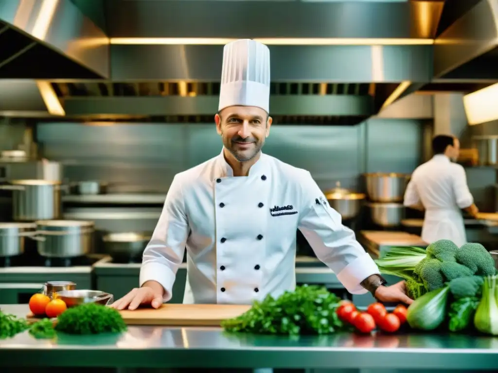 Un chef francés enérgico en un restaurante sostenible e innovador