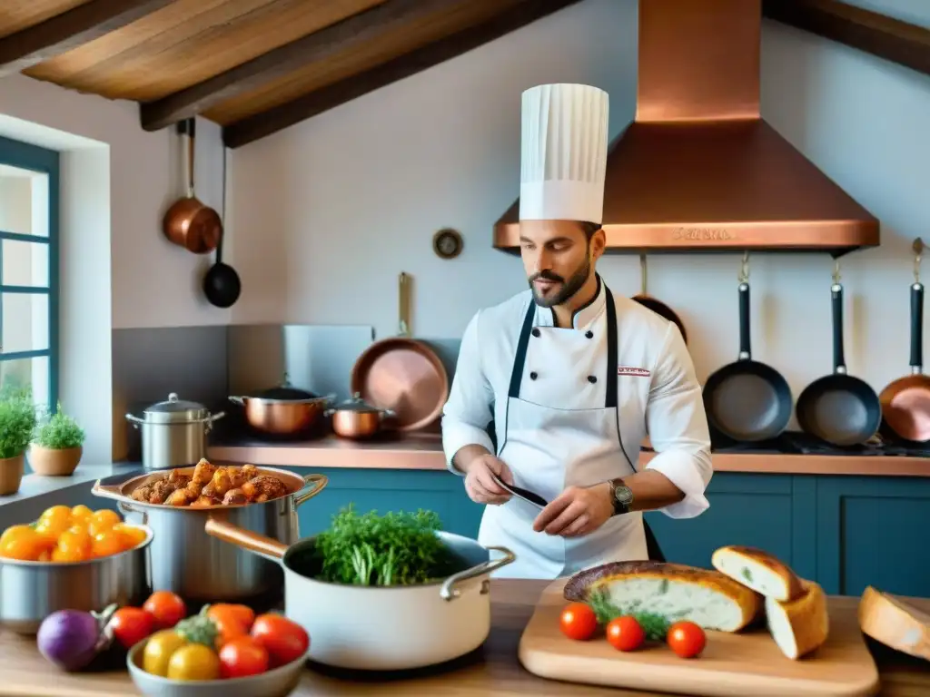 Un chef francés enseña a un grupo de turistas en una cocina llena de ingredientes frescos y utensilios de cocina