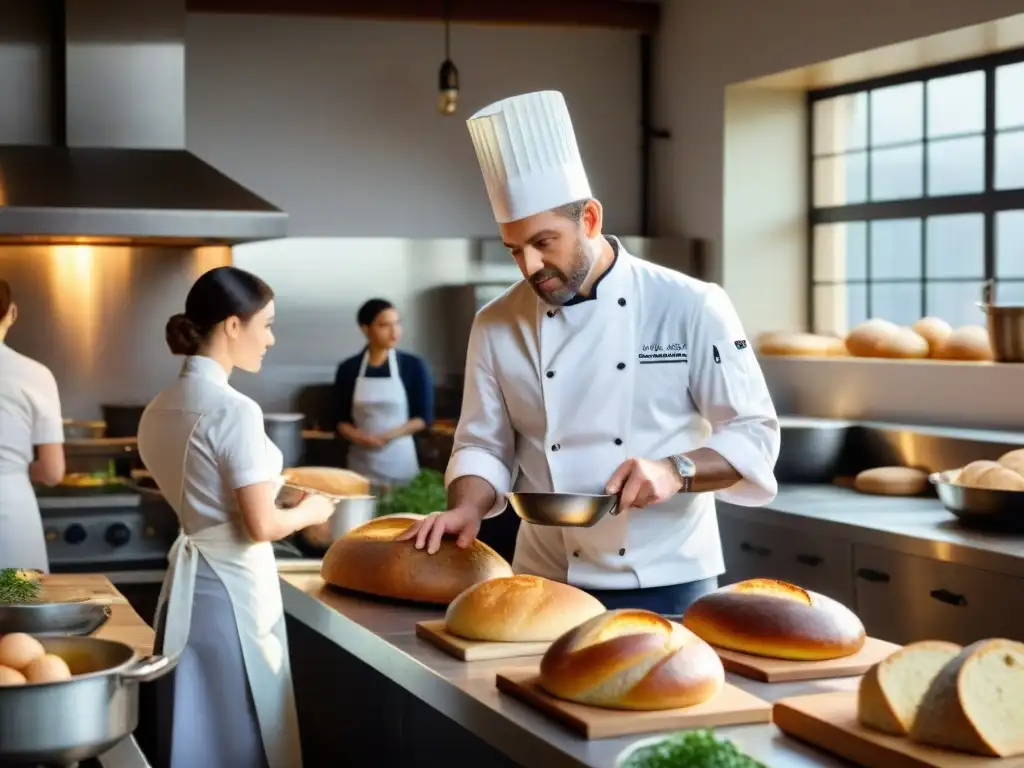 Un chef francés enseña técnicas culinarias en una cocina animada a un grupo de estudiantes diversos