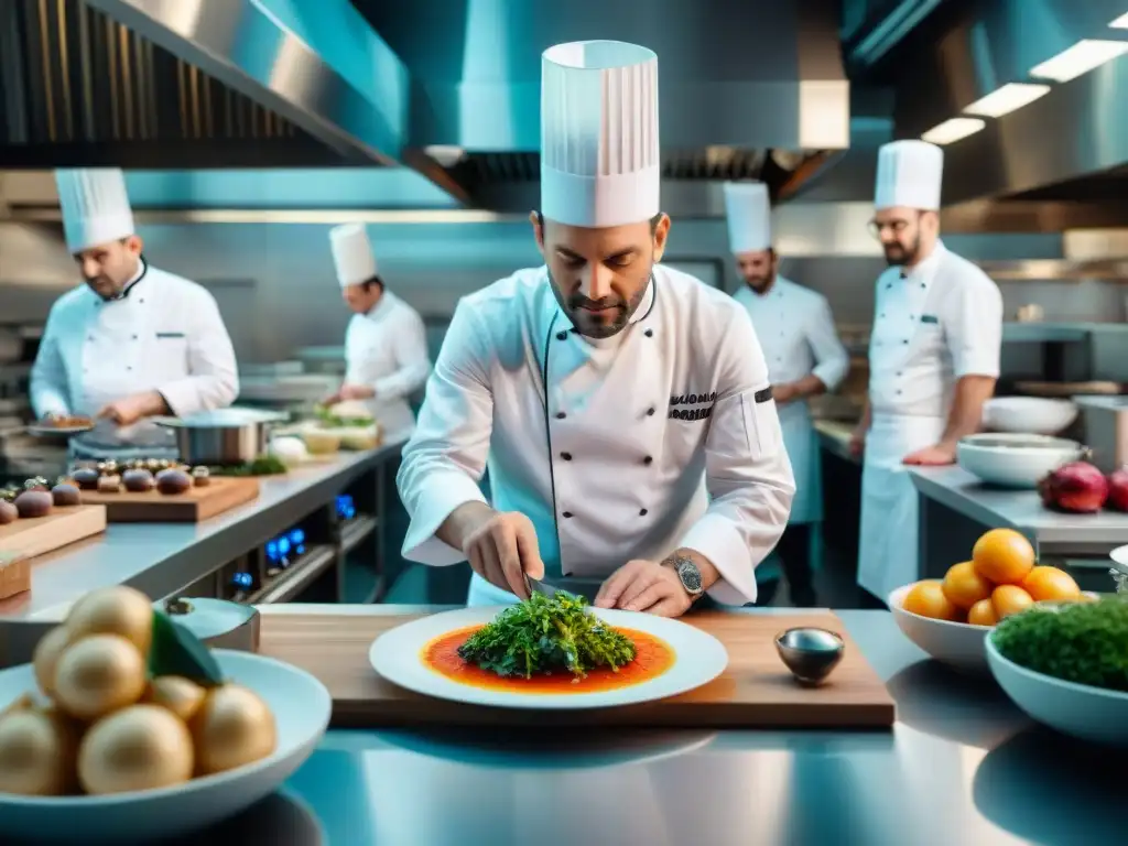 Un chef francés y su equipo innovando en la cocina, simbolizando la excelencia culinaria francesa