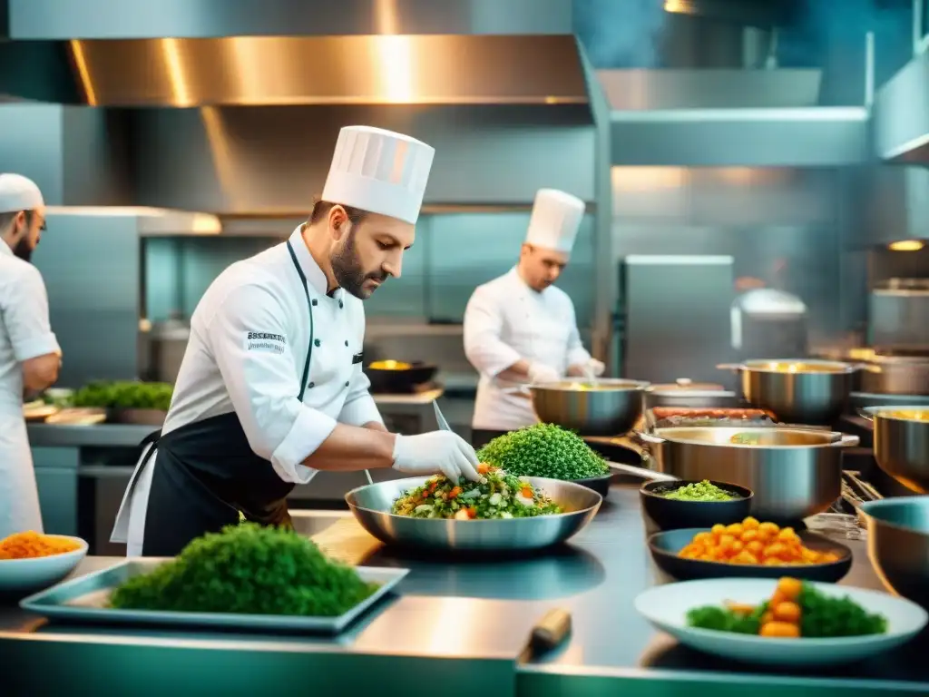 Un chef francés y su equipo en una cocina vibrante, mostrando la influencia culinaria francesa