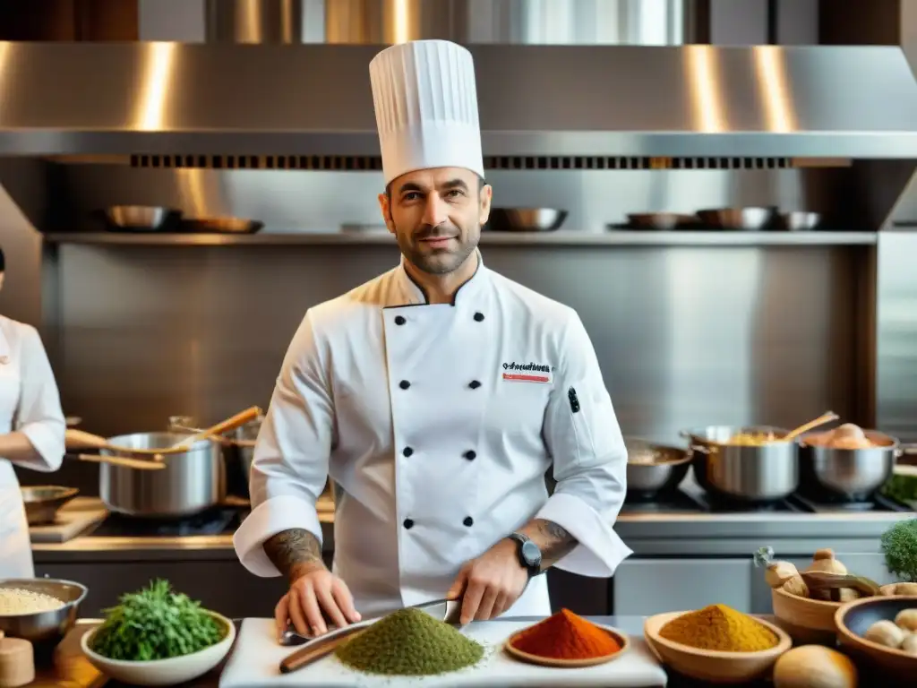 Un chef francés lidera un equipo diverso en una cocina bulliciosa, fusionando técnicas culinarias francesas con influencias globales