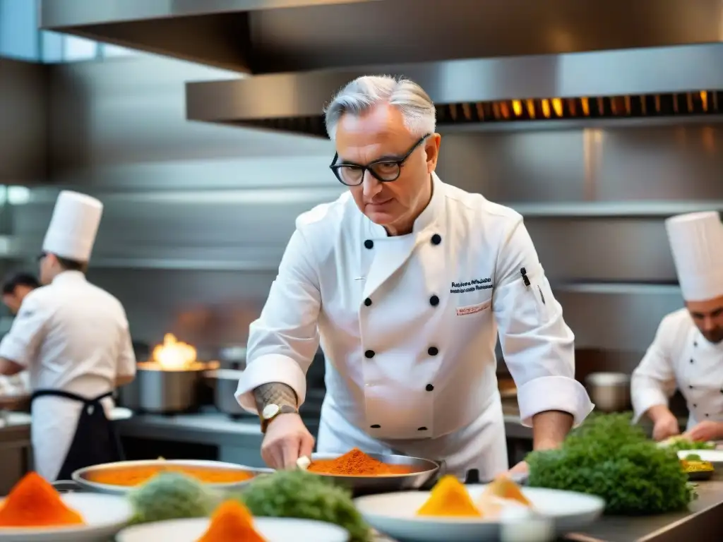 Chef Alain Ducasse y su equipo en acción creando obras culinarias en cocina estrella Michelin