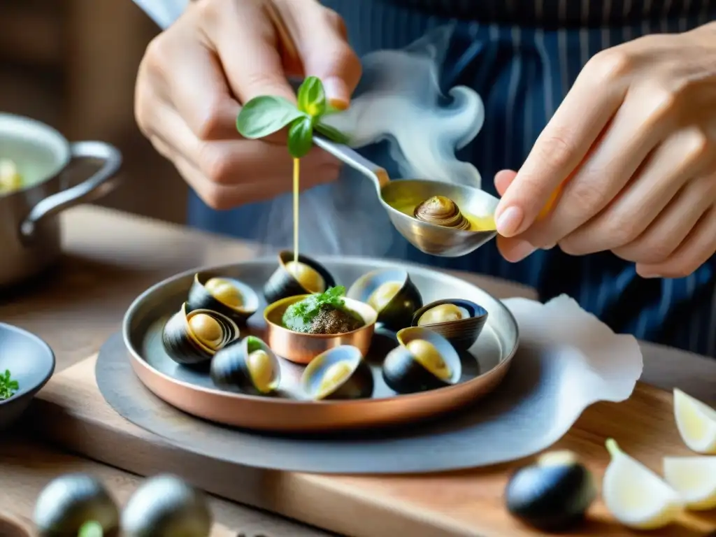 Un chef francés prepara Escargots de Bourgogne en una cocina rústica