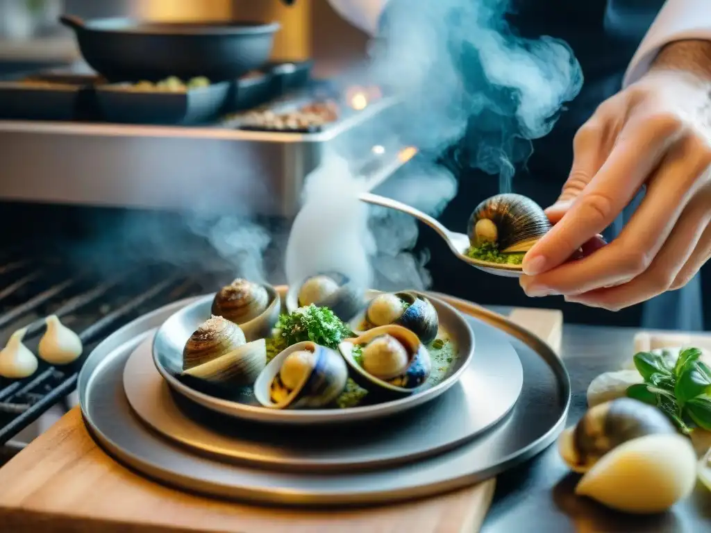 Chef preparando escargots a la Lorraine en cocina francesa Chef preparando escargots a la Lorraine en cocina tradicional francesa