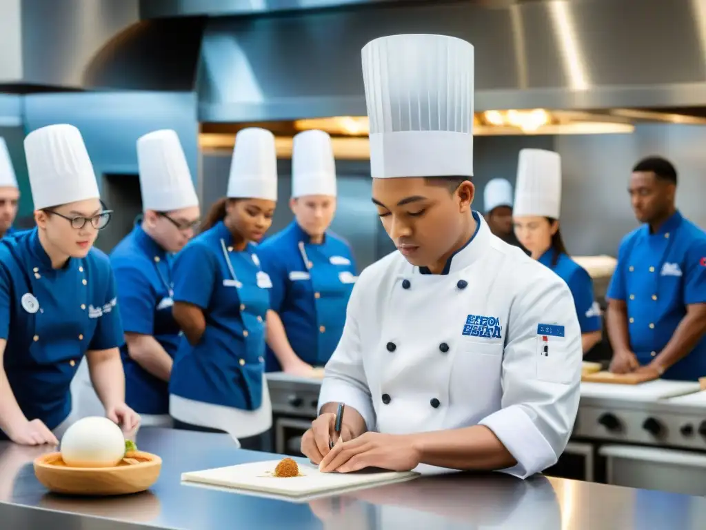 Un chef en la Escuela culinaria Le Cordon Bleu esculpe una obra maestra de azúcar mientras estudiantes observan con atención