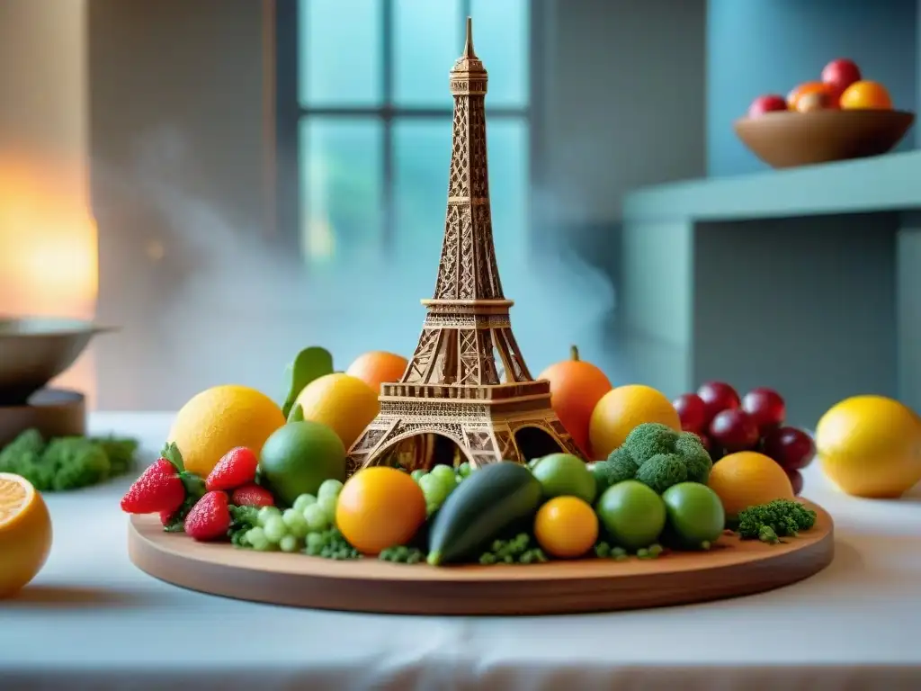 Un chef francés crea una escultura de azúcar detallada en forma de Torre Eiffel, rodeado de frutas y verduras frescas