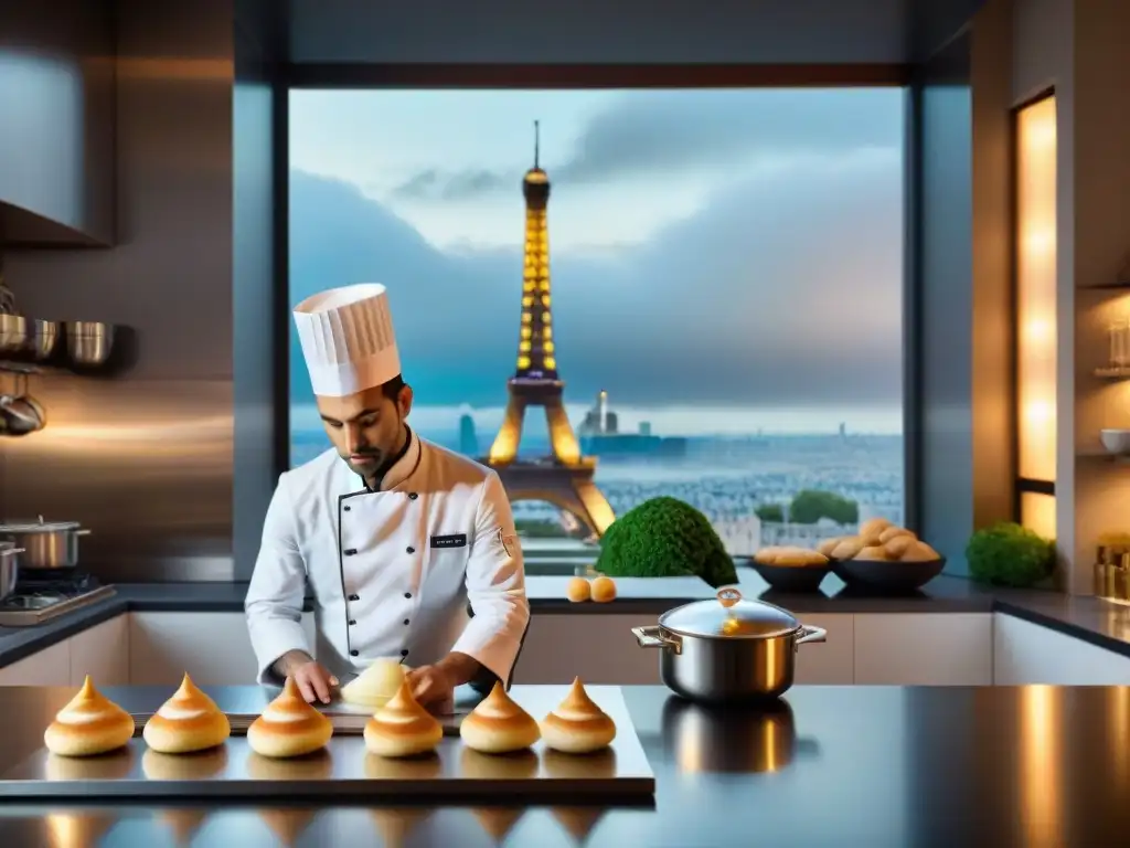 Un chef francés admira una escultura de azúcar impresa en 3D de la Torre Eiffel, fusionando innovación culinaria y tradición