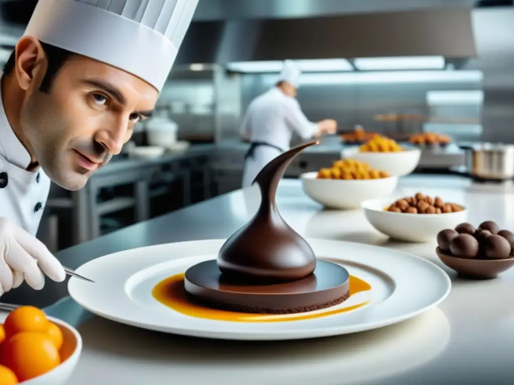 Chef francés colocando escultura de chocolate 3D en plato, fusionando arte culinario tradicional con Impresión 3D en la cocina