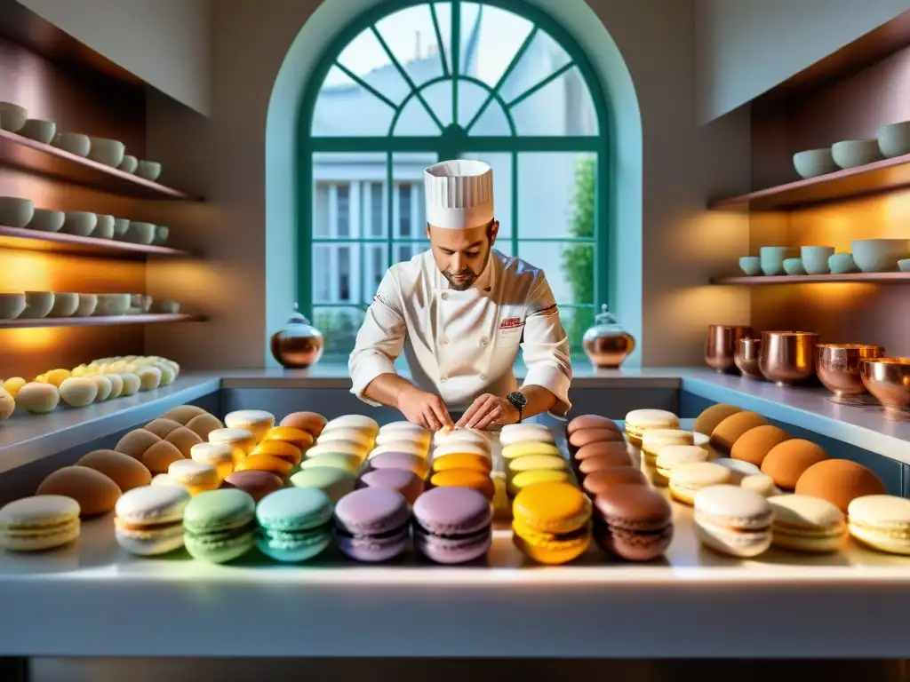 Un chef francés crea una escultura de azúcar en una cocina parisina, rodeado de macarons y utensilios de cocina