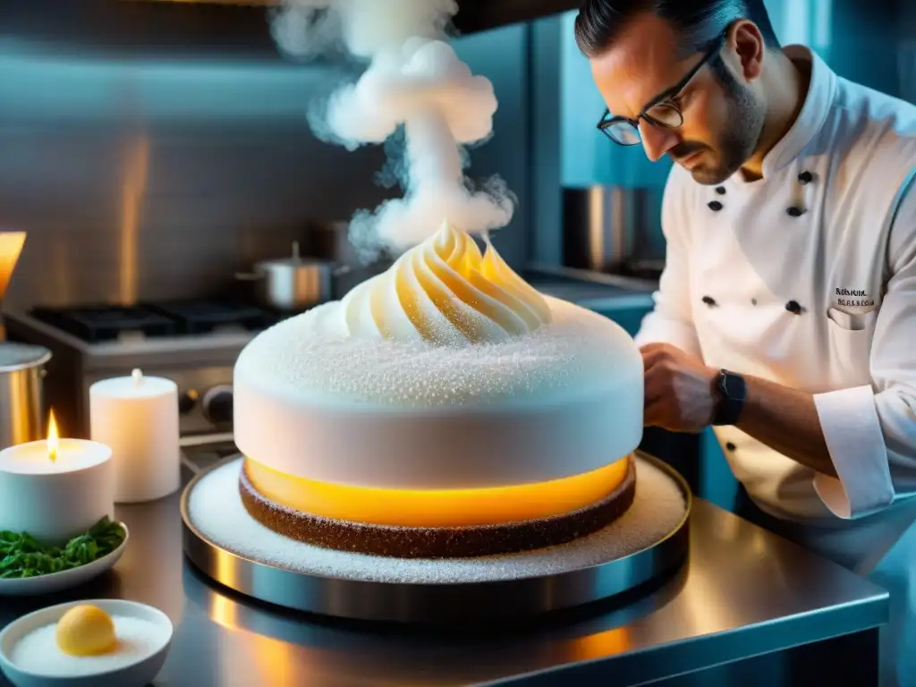 Maestro repostero francés creando arte en azúcar Un chef francés crea una escultura de azúcar en una cocina profesional