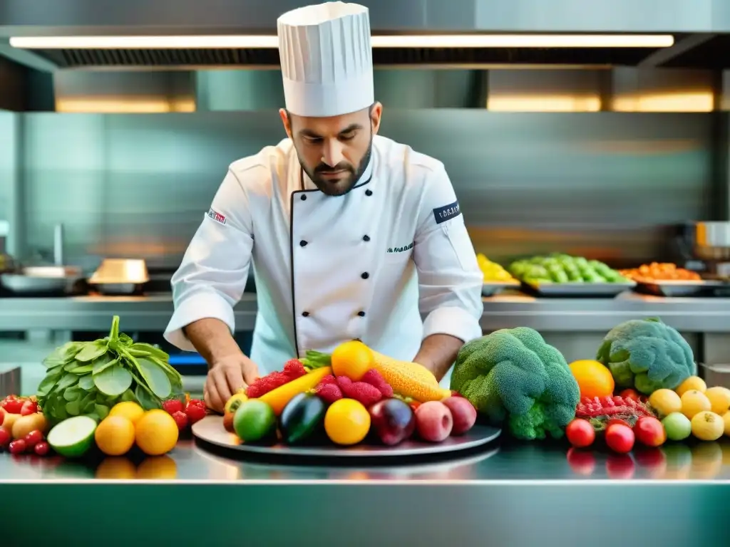 Un chef francés crea una escultura de frutas en una obra culinaria