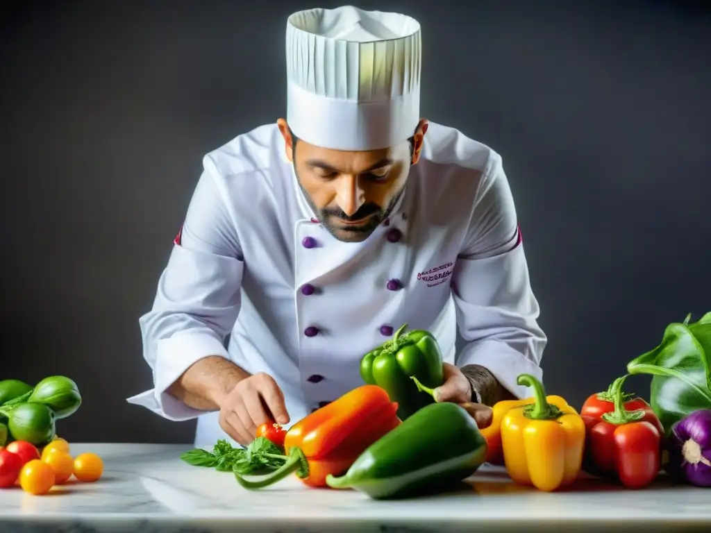 Un chef francés crea escultura de verduras detallada en mármol blanco