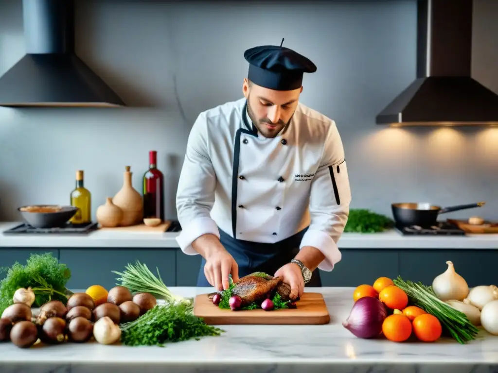 Un chef francés prepara con esmero un clásico plato francés en una cocina tradicional