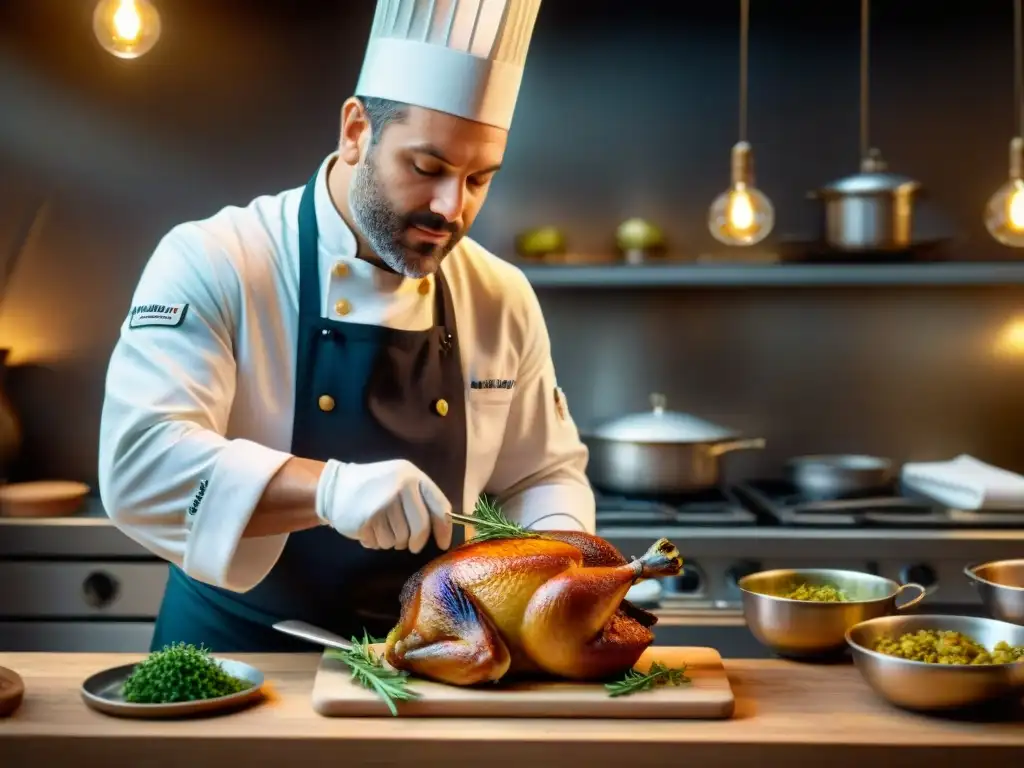 Un chef francés prepara con esmero un Confit de Pato en una cocina rústica y profesional, destacando la receta tradicional