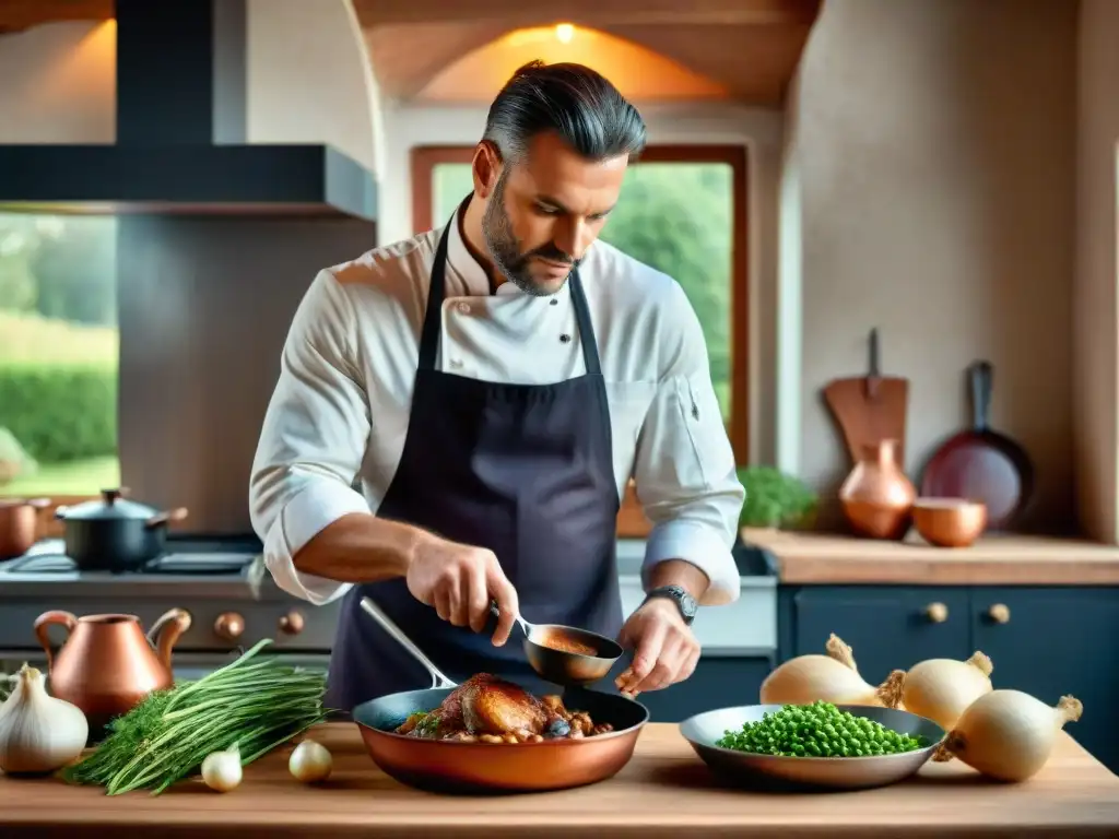 Un chef francés prepara con esmero un coq au vin en una cocina provenzal