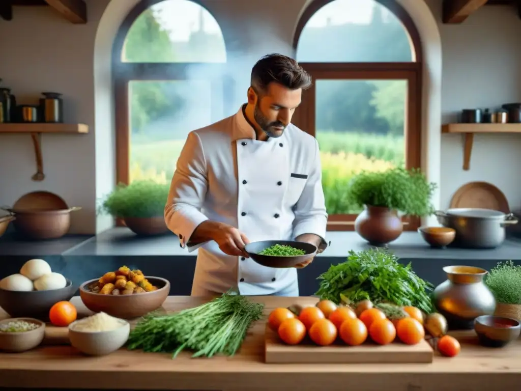 Un chef francés prepara con esmero un estofado con ajedrea en una cocina rústica