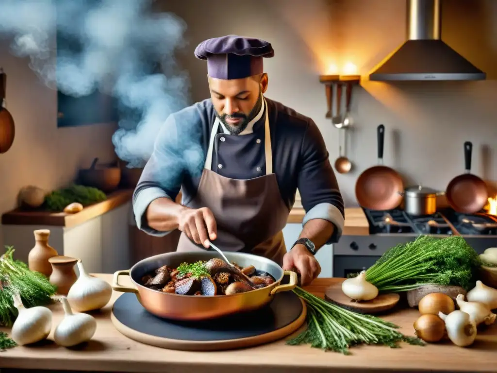 El chef prepara con esmero una receta Coq au Vin tradicional en una cocina rústica francesa