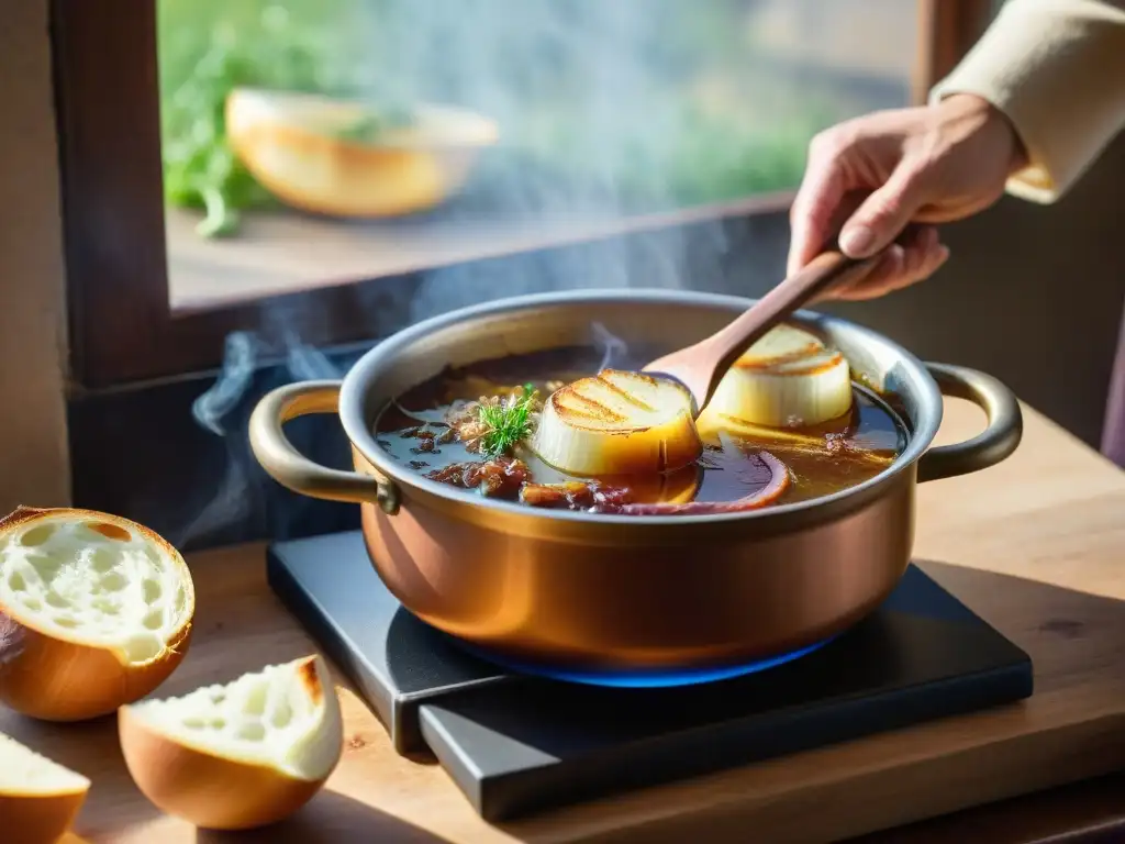 Un chef prepara con esmero una sopa de cebolla francesa en una cocina rústica