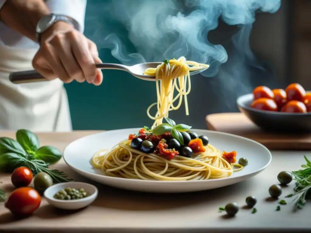 Un chef francés prepara Espagueti a la Provenzal con autenticidad y destreza en una cocina provenzal tradicional