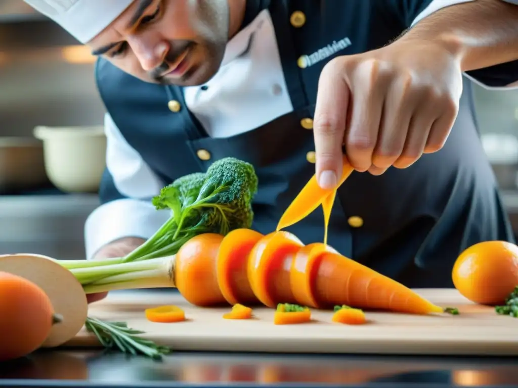 Un chef especializado talla con destreza una compleja figura en una zanahoria, ejemplificando el arte del tallado de alimentos en gastronomía francesa