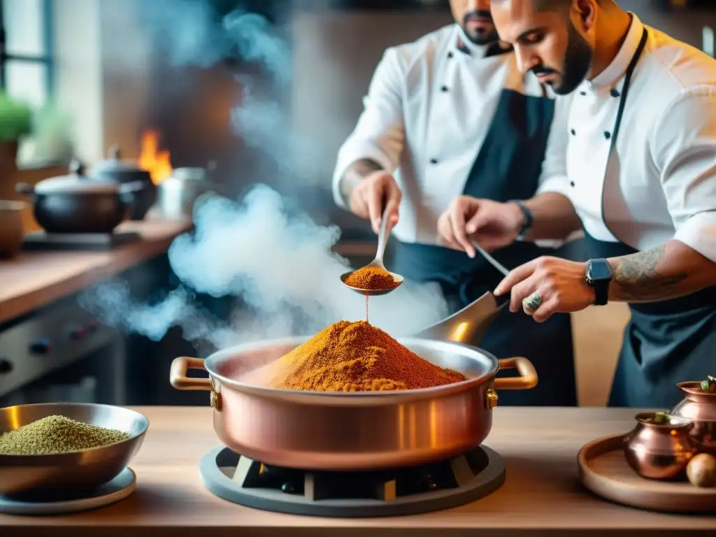 Un chef francés mezcla especias árabes en un tagine, fusionando sabores y técnicas en innovaciones culinarias cocina árabe