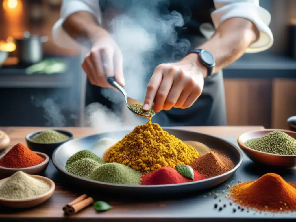 Un chef esparciendo especias coloridas en una sartén caliente, reflejando el uso de especias en Alsacia