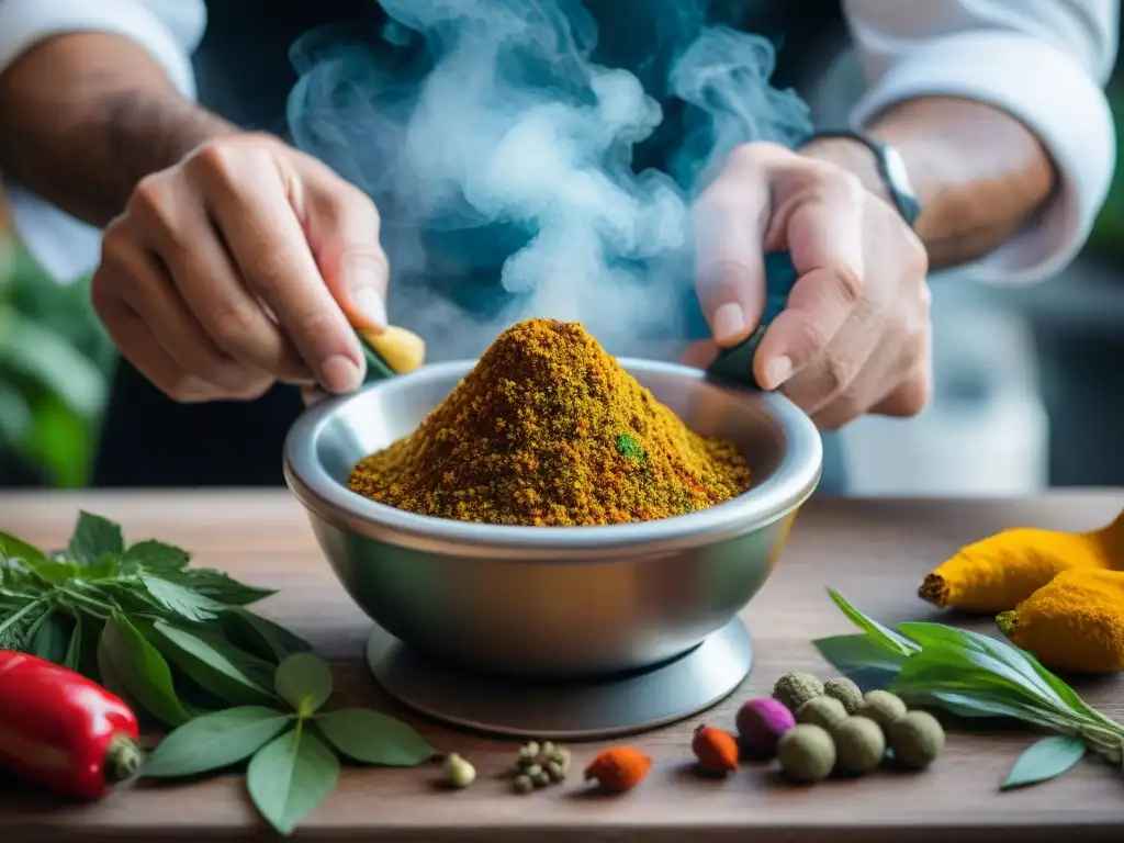 Maestría culinaria: Moliendo especias y hierbas frescas en Guadalupe y Martinica Un chef muele especias y hierbas frescas en un mortero rústico, destacando las técnicas culinarias de Guadalupe y Martinica