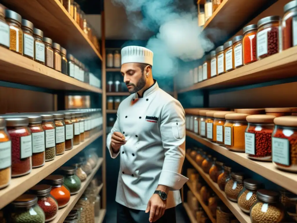 Chef francés seleccionando especias en tienda de especias en Francia