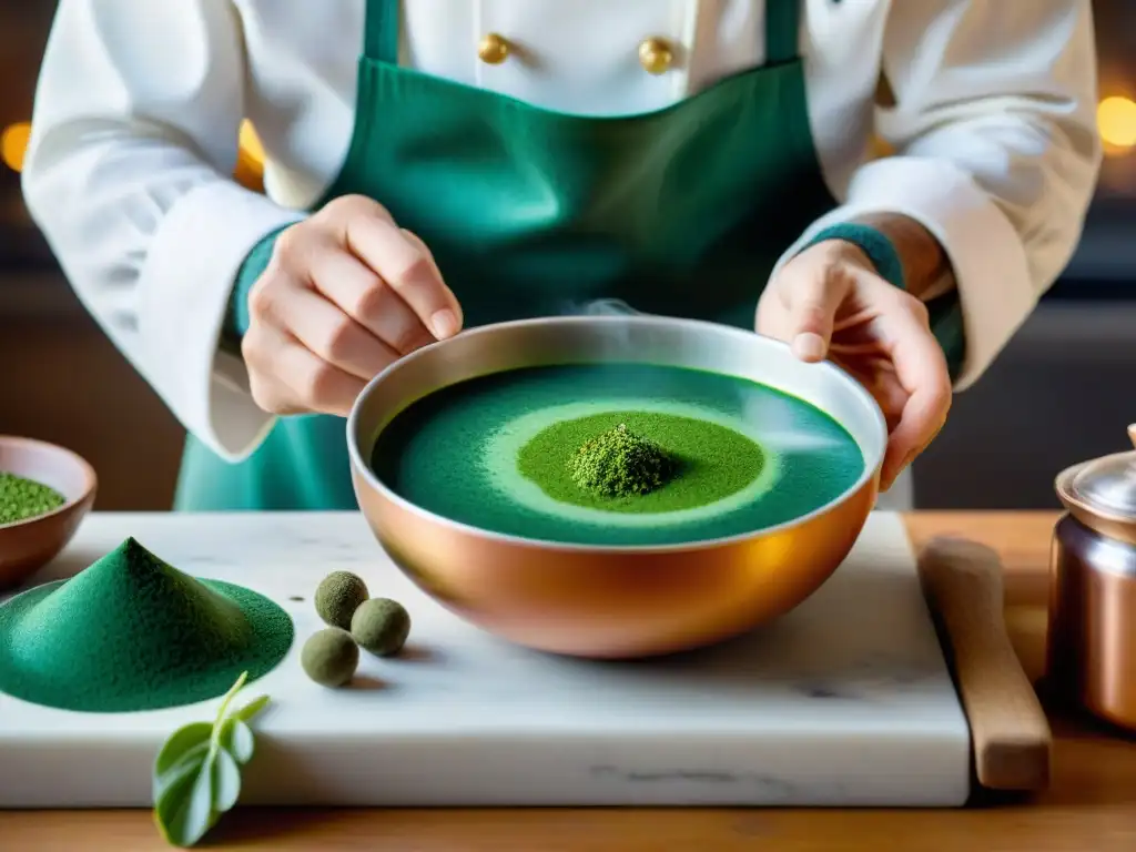 Un chef francés incorpora espirulina verde vibrante en sopa de potage Saint-Germain en cocina rústica