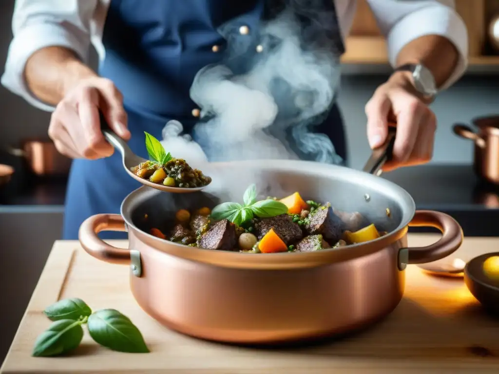 Un chef francés sazona un estofado con ajedrea, en una cocina tradicional