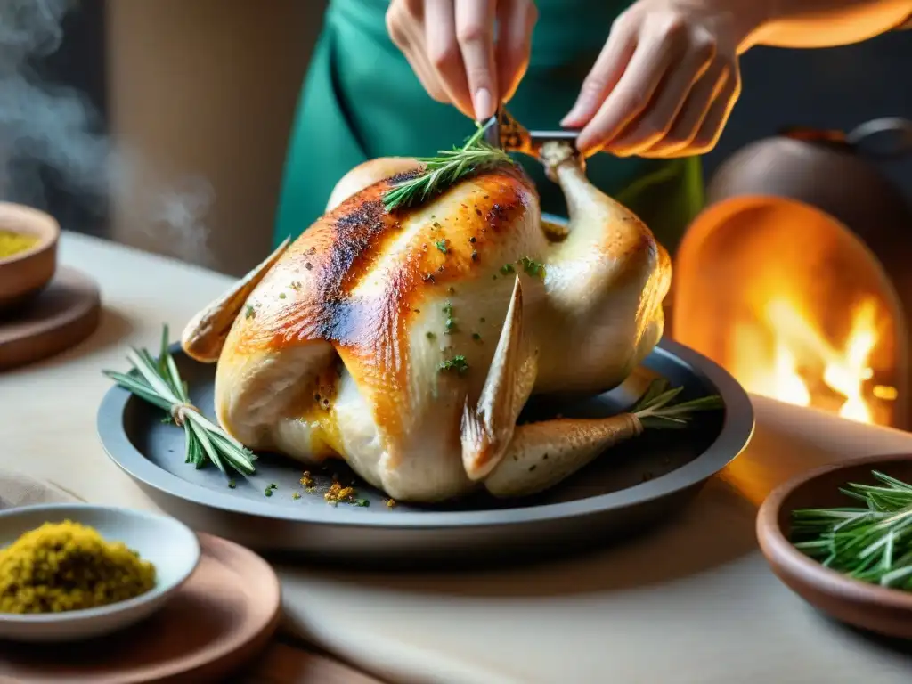 Chef francés sazona pollo asado con estragón fresco en cocina clásica Un chef francés espolvorea estragón fresco sobre un pollo asado en una cocina clásica francesa