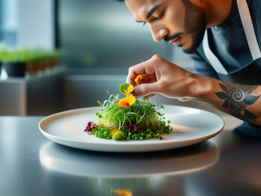 Un chef estrella Michelin en Francia creando arte culinario con precisión en su cocina blanca impecable