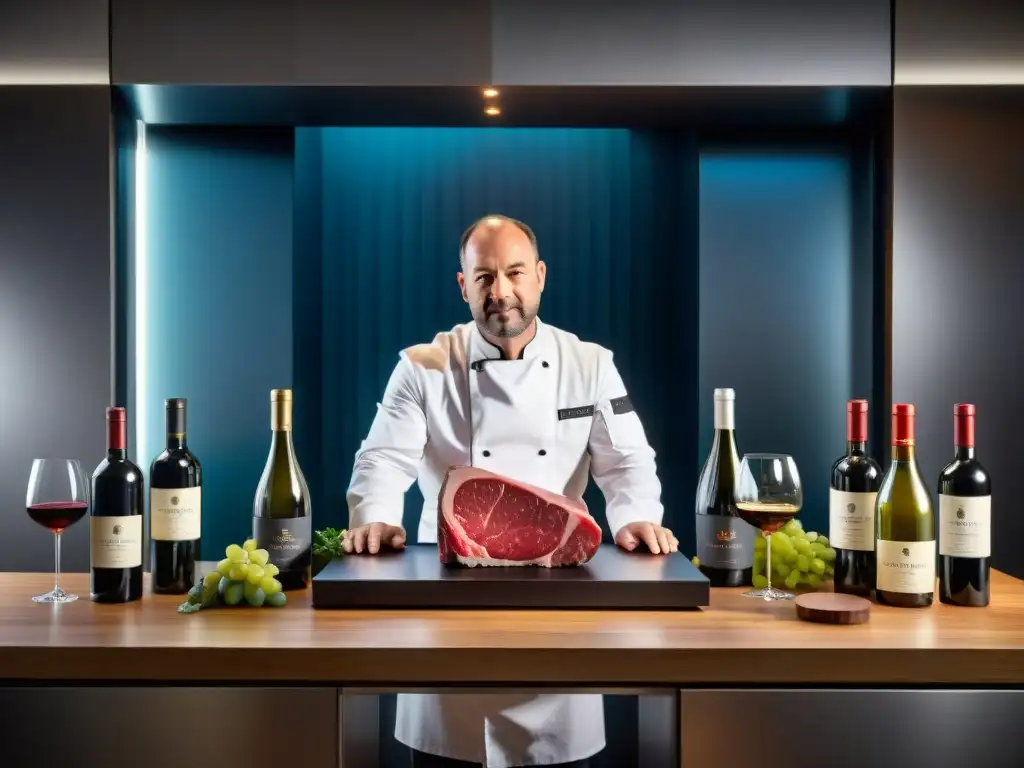 Un chef estrella Michelin cocina al vacío un corte de carne mientras selecciona vinos franceses