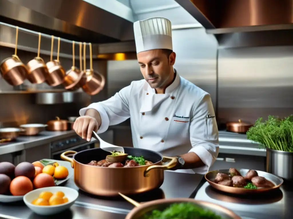 Un chef estrella Michelin en una cocina francesa tradicional, preparando Coq au Vin