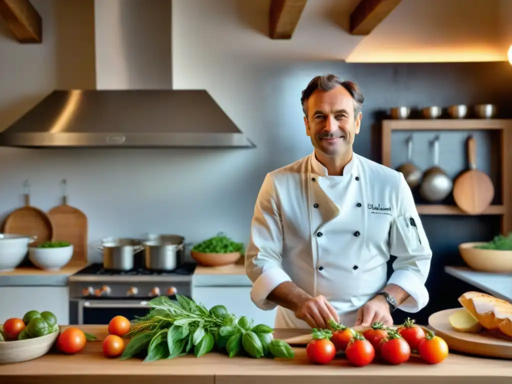 Un chef estrella Michelin en una cocina francesa tradicional con ingredientes locales, preparando con pasión un plato artístico