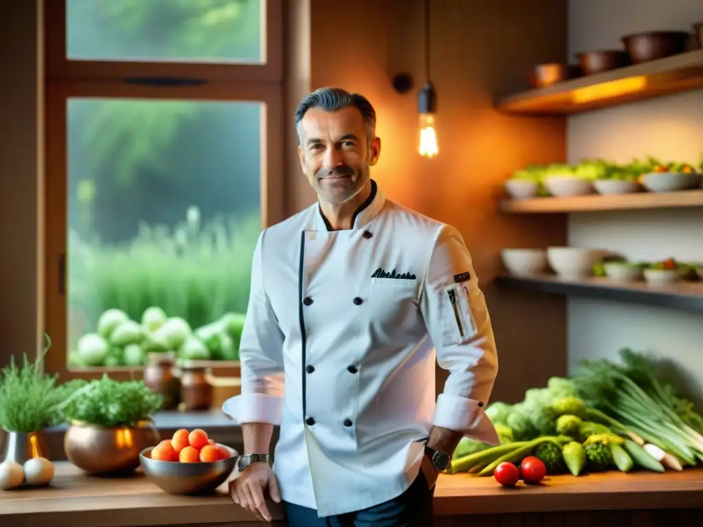 Un chef estrella Michelin en una cocina francesa, preparando con pasión platos con ingredientes locales